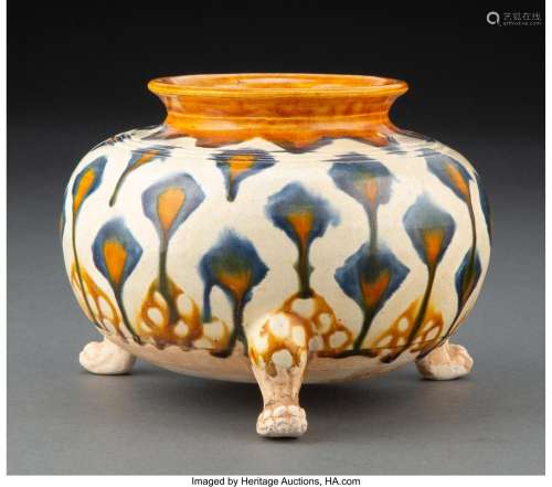 A Chinese Tang-Style Sancai Glazed Footed Jar 4 x 5-1/4 inch...