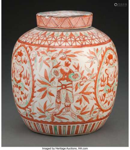 A Chinese Enameled Covered Jar, Ming/Qing Dynasty Marks: six...