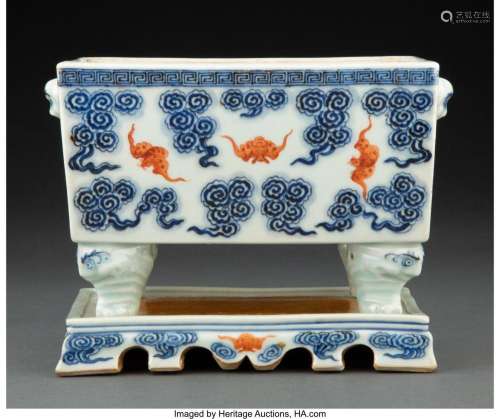 A Chinese Underglaze Blue and Iron Red Porcelain Censer with...