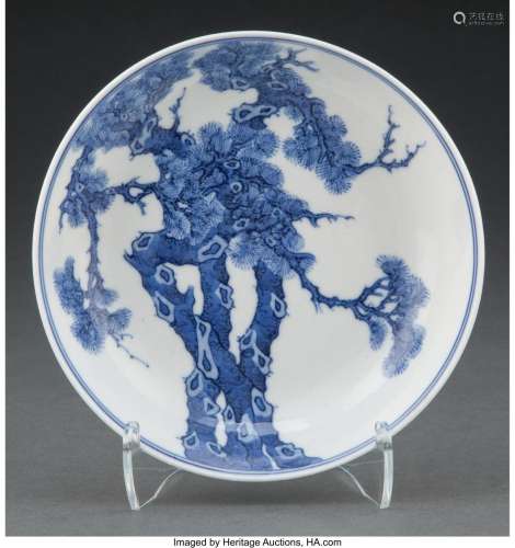 A Chinese Blue and White Pine Plate Marks: six-character Gua...