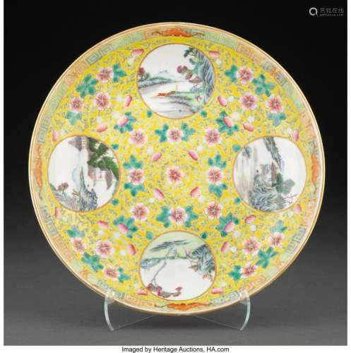 A Chinese Yellow Ground Famille Rose Porcelain Medallion Pla...