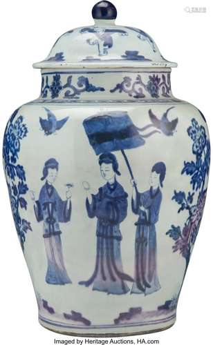 A Chinese Blue and White Covered Jar, Qing Dynasty 26 x 14-1...