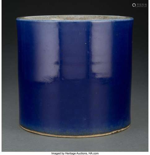 A Chinese Blue Glazed Porcelain Brushpot, Qing dynasty 7-3/4...