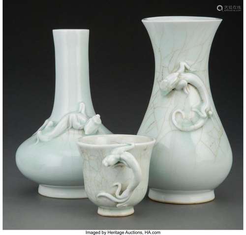 A Group of Three Chinese Celadon Glazed Porcelain Chilong Ta...