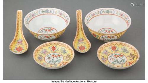 A Set of Chinese Enameled Porcelain Bowls with Spoons and Sa...