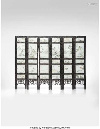 A Chinese Six-Panel Screen Inlaid with Enameled Porcelain Pl...