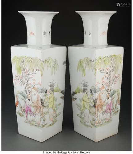 A Pair of Chinese Polychrome Enameled Porcelain Square Vases...