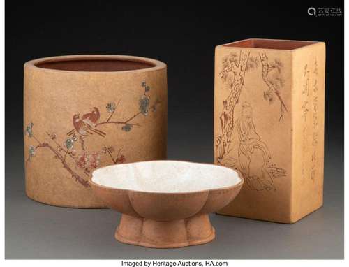 A Group of Three Chinese Yixing Pottery Vessels Marks: (vari...