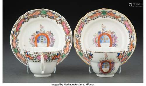 A Pair of Chinese Enameled Porcelain Armorial Teacups and Sa...