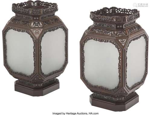 A Pair of Large Chinese Imperial Carved Zitan Lanterns, Qing...