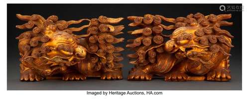 A Pair of Chinese Carved Giltwood Lions 7-1/4 x 11 x 5-1/4 i...