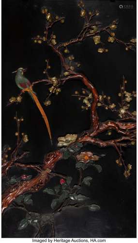 A Chinese Carved Hardstone Inlaid Wood Panel 40-1/4 x 24 inc...