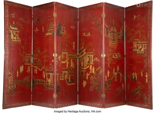 A Chinese Six-Panel Lacquer Screen 76-3/4 x 25-1/2 inches (1...