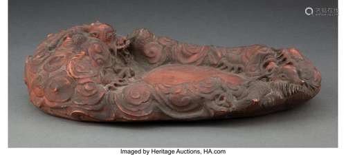 A Large Chinese Carved Inkstone with Dragons Marks: (various...