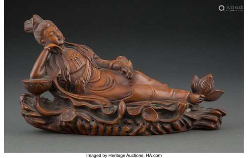 A Chinese Carved Wood Guanyin Figure 6-1/2 x 12 x 3-1/2 inch...