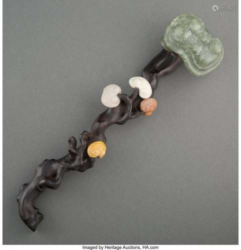 A Chinese Carved Hardstone and Hardwood Ruyi Scepter 11-1/2 ...