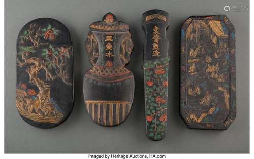 A Group of Four Chinese Inkstones Marks: (various) 10-1/8 x ...