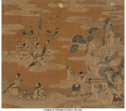 A Chinese Embroidered Kesi Silk Fu Lu Shou Hanging Panel, Qi...