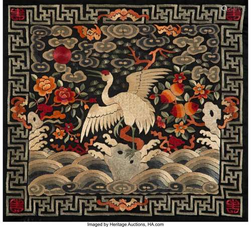 A Chinese Embroidered Silk Official Rank Badge of a Crane, B...