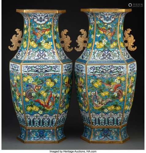 A Pair of Chinese Cloisonné Vases 22-3/8 x 8-1/2 x 6 inches ...