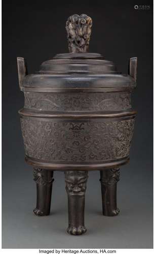 A Large Chinese Bronze Censer with Carved Hardstone and Wood...