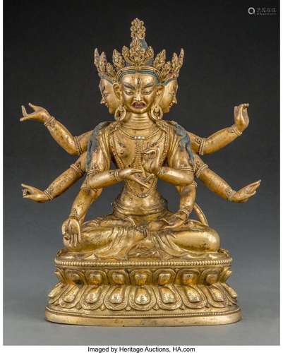 A Tibetan Gilt and Polychromed Copper Alloy Figure of Usnisa...