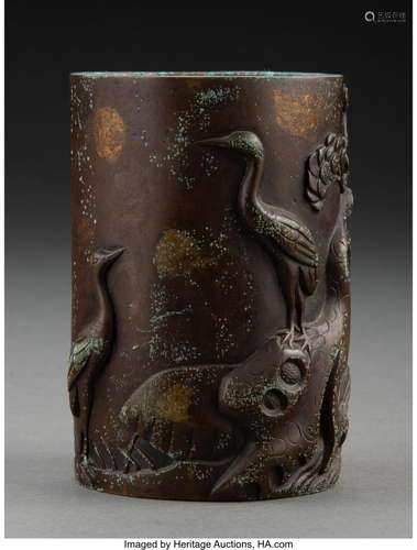 A Chinese Bronze Brush Pot Marks: six-character Qianlong mar...