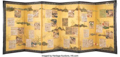 A Japanese Gilt Paper Six-Panel Screen Depicting Tales of Ge...