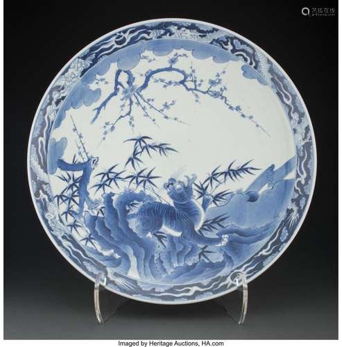 A Monumental Japanese Blue and White Tiger Motif Charger Mar...