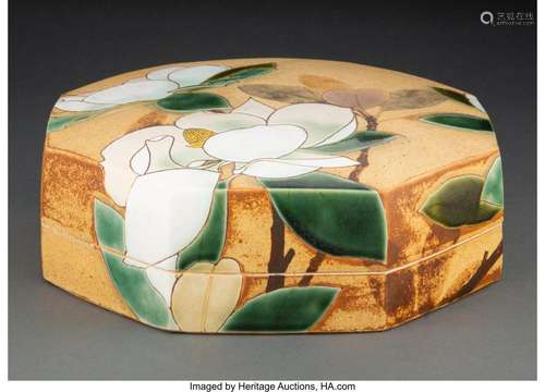 A Large Japanese Glazed Kyoto Ware-Style Pottery Box by Maed...