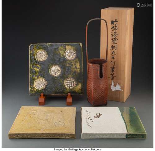 A Group of Three Japanese Enameled Ceramic Tiles and an Japa...