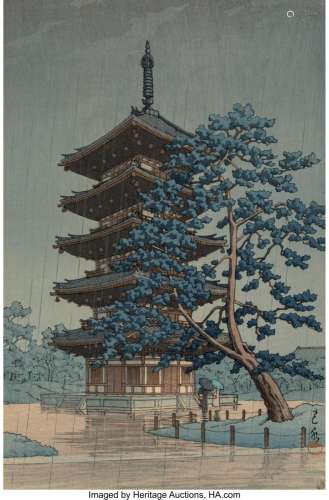 Hasui Kawase (Japanese, 1883-1957) The Rain in Nara - Kōfuku...