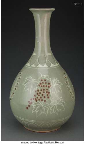 A Korean Celadon Glazed Earthenware Vase Marks: three-charac...