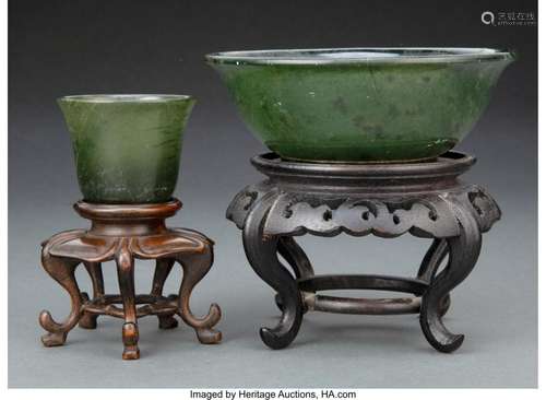 Two Chinese Hardstone Articles with Carved Wood Stands 5 x 5...