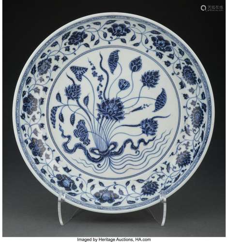 A Chinese Blue and White Lotus Dish 2-1/4 x 12-7/8 inches (5...