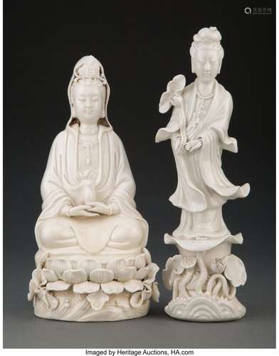 Two Chinese Blanc-de-Chine Figures of Guanyin Marks: (variou...