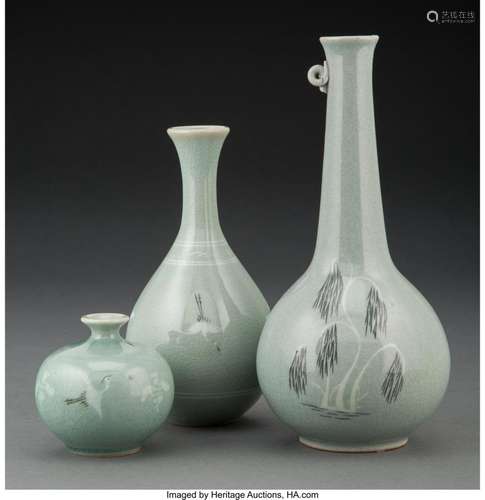 A Group of Three Korean Celadon Glazed Earthenware Vases Mar...