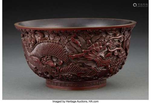 A Chinese Cinnabar-Style Resin Bowl with Bronze Mounts Marks...