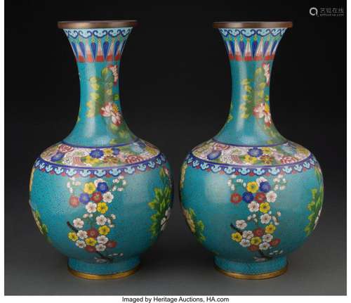 A Pair of Chinese Cloisonné Vases 15-1/2 x 8-1/4 inches (39....