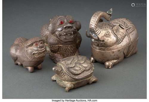 A Group of Four Pewter Animal-Form Betel Boxes Marks: (vario...