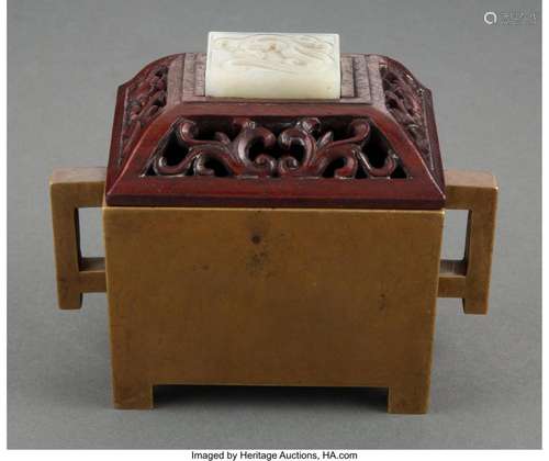 A Chinese Bronze Censer with Carved Wood and Jade Cover Mark...