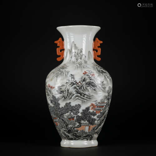 A Grisaille-painted 'riverscape' vase