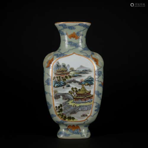 A celadon-glazed famille-rose vase