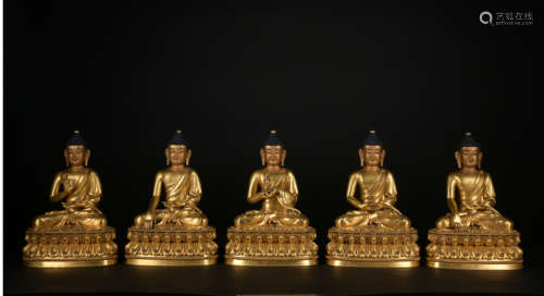 A set of gilt-bronze statue of Five square Buddha