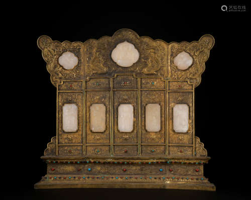 A gilt-bronze screen inlaid with jade