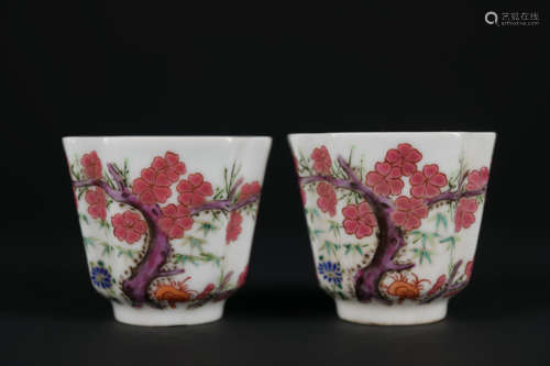 A pair of famille-rose 'floral' cup