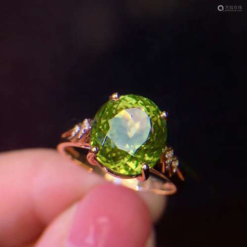 天然宝石绿碧玺18k金钻石戒指