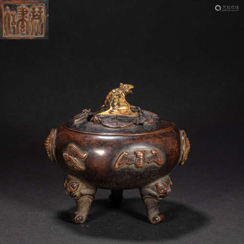 CHINESE COPPER GILDED INCENSE BURNER, MING DYNASTY