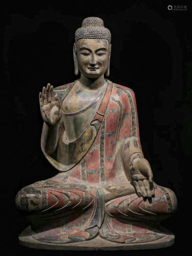 CHINESE BLUESTONE PAINTED BUDDHA STATUE, NORTHERN QI