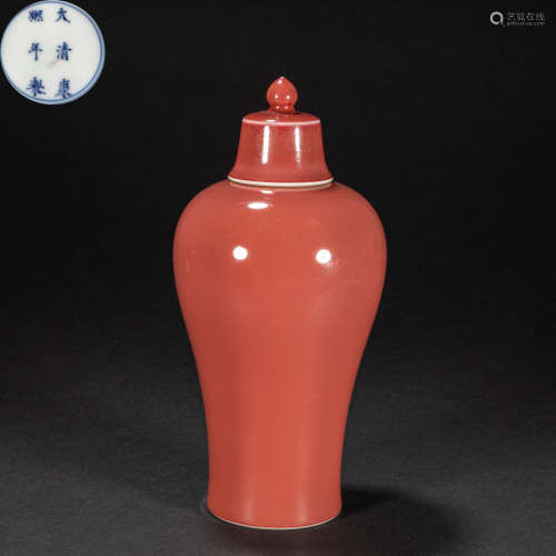 CHINESE RED GLAZED PLUM BOTTLE, QING DYNASTY